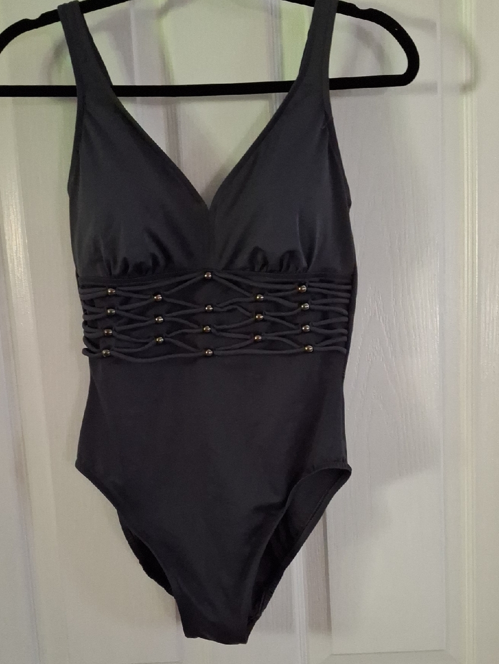 Ellen Tracy Gray One-Piece Swimsuit with Beaded Lattice Detail